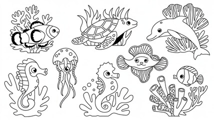 Black and white line art illustration of various sea creatures and coral sea life ocean