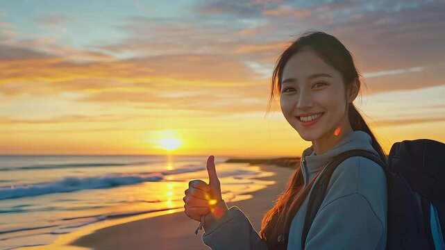 Backpacker Smiling with Thumbs Up at Sunrise Beach