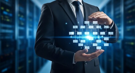 Businessman in a server room, holding a network diagram in his hands, showcasing data connectivity and technology.