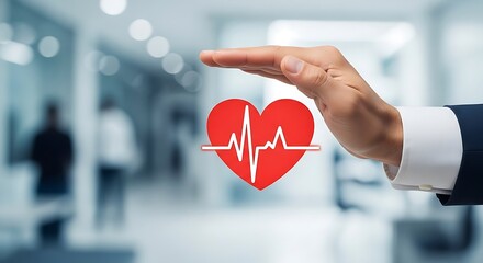 Businessperson's hand protecting a red heart symbol with a heartbeat graphic, symbolizing health and well-being in a modern office setting.