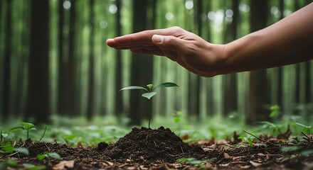 A human hand protects a young plant emerging from soil in a forest setting, symbolizing environmental stewardship.
