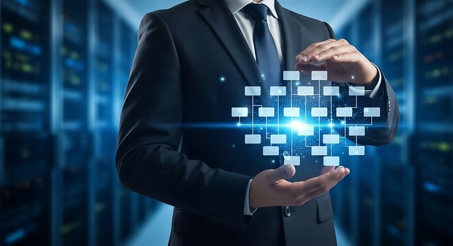 Businessman in a server room, holding a network diagram in his hands, showcasing data connectivity and technology.