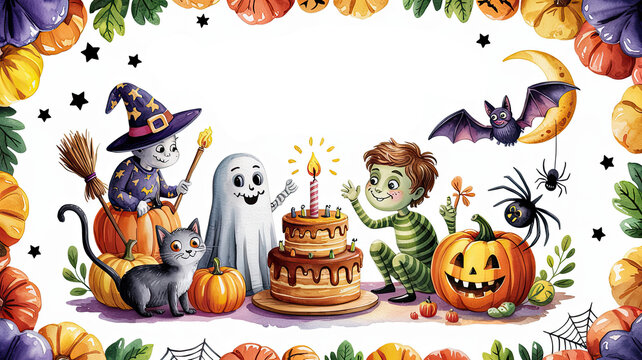 Watercolor Halloween birthday scene with children ghost cat pumpkin bat moon and cake illustration - Powered by Adobe