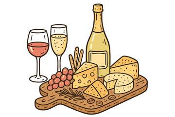 Cheese platter and sparkling wine with grapes presented on a wooden board for a festive gathering