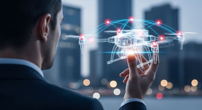A man in a suit holds a digital drone with connected data points, city background.