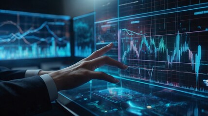 Hand interacting with futuristic digital trading interface in blue.