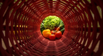 Red basket, looking out towards the vegetables, creating a tunnel effect, natural light.