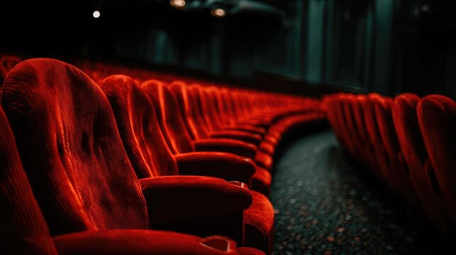 Empty red velvet cinema seats lined up in perfect rows with soft lighting and dramatic shadows - Powered by Adobe