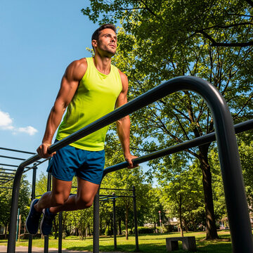 A Man Exercising on Parallel Bars Outdoors