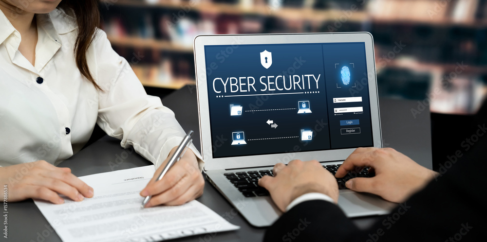 Poster cyber security system on computer screen protect private information brisk from hacker and cyber att