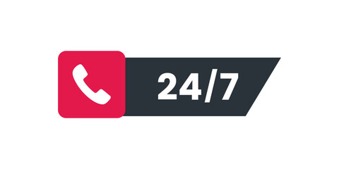 Call 24 hour label. oepn 24/7 hour symbol vector. support, talk, phone, hot line, helpline symbol