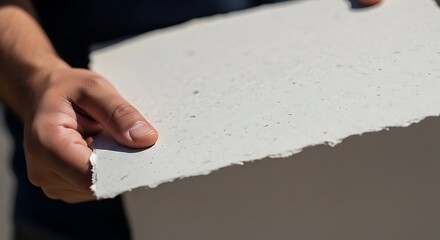 A person's hands holding a textured, off-white piece of paper.