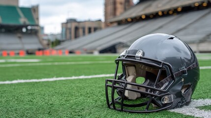 Football helmet on green turf with chalk lines and empty stadium bleachers in background