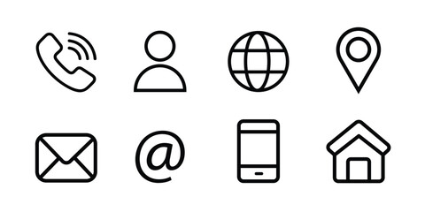 Contact line icons. Contact sign vector set. Telephone number symbol. Email logo. Mail envelope sign. Location address line icon set