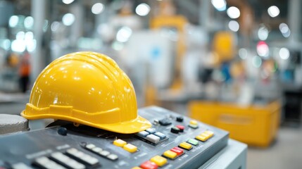 Safety helmet on a control panel inside a factory with blurred machines in background