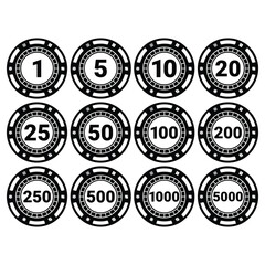 Poker chips icons isolated vector set. Black Casino poker chip symbol. Gamble graphic elements collection vector