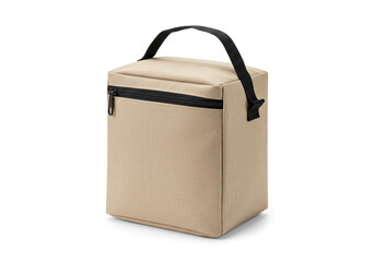 A tan insulated lunch bag with a black handle and zipper on a white background in a studio shot