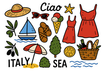 Naklejka premium Colorful summer elements from Italy celebrating sea, sunshine, and leisure activities near the coast