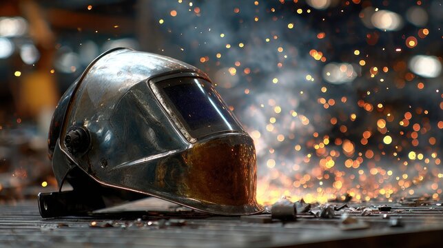 Welding helmet placed on a metal workbench surrounded by sparks and steel scraps