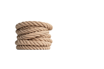 A stack of beige rope on top of a white isolated on a transparent background in PNG format.