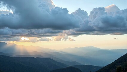 Panoramic Sunset over Misty Mountains with Dramatic Cloudscape