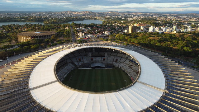 Belo Horizonte, Minas Gerais, Brazil - September 20, 2024 -Aerial view of Mineir&atilde;o Stadium, Mineirinho Gymnasium, Pampulha Lagoon and skyline, captured on a sunny day with rich architectural contrast.