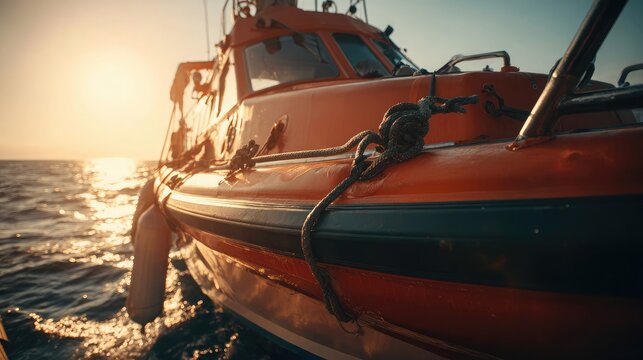 Lifeboat cradled in davits with bright sun flare and endless sea behind