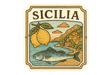 Vibrant illustration of a Sicilian coastal landscape featuring fish and lemons