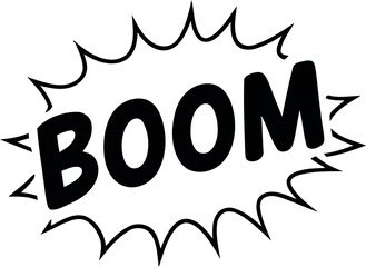 Black and White Comic Book Style BOOM Explosion Graphic with Spiky Outline Isolated on White Background Vector Illustration for Design Projects