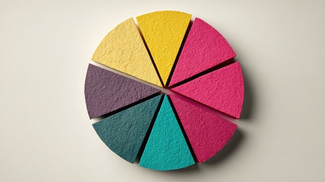 Pie chart with texture shadows and bright segment colors on white glossy paper