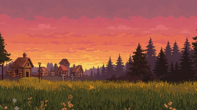 Pixelated village landscape at sunset