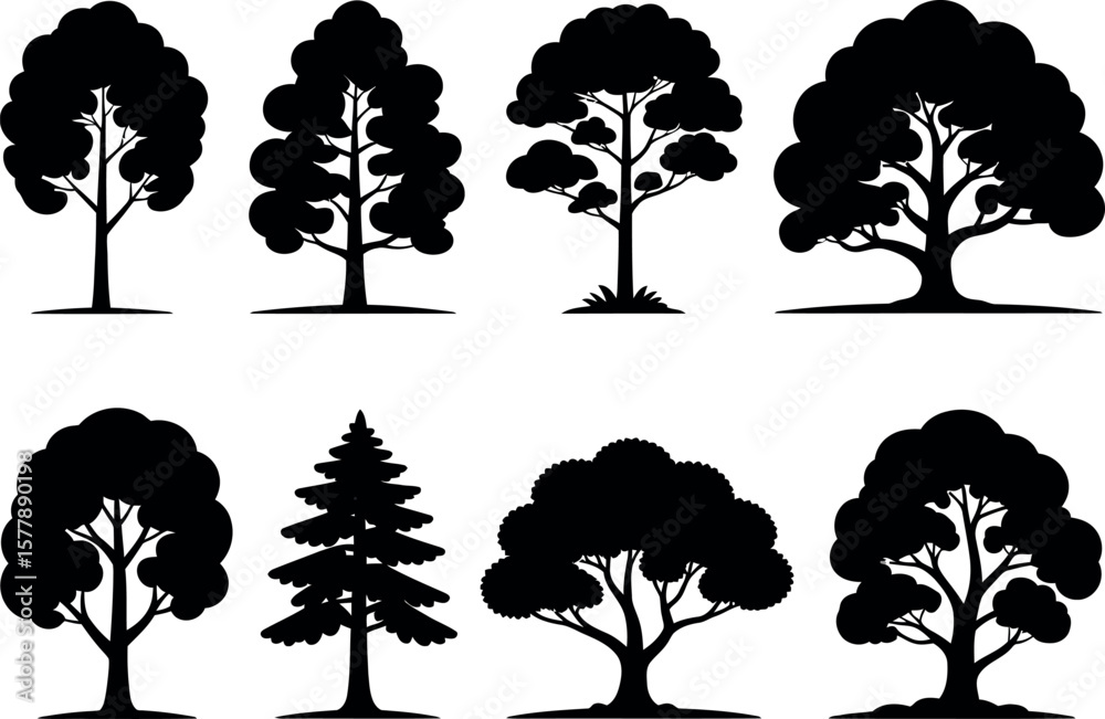 Poster seamless pattern of black tree silhouettes on a white background featuring various shapes and sizes 