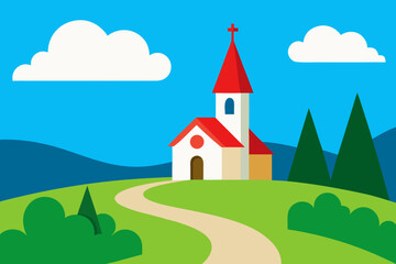 Naklejka premium Charming village church with red roof sits on a green hill under a blue sky