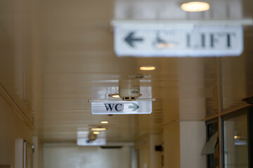 On board the ferry Norderaue signs for lifts, toilets and other facilities attached to the ceiling