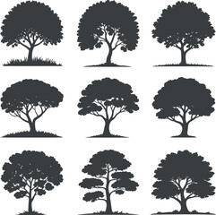 Set of Nine Different Tree Silhouettes with Varying Shapes and Foliage Density Ideal for Nature Landscape or Ecological Designs and Illustrations on a White