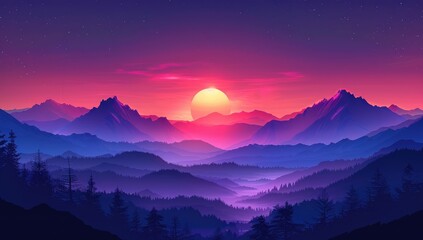 Illustration of a beautiful sunset over mountains, with simple shapes. A simple flat illustration with a purple and orange gradient in the style of a cartoon. 