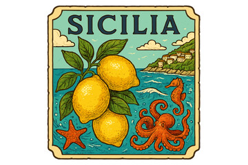 Sicilian coastline with lemons, sea creatures, and colorful landscape illustration celebrating the beauty of Sicily