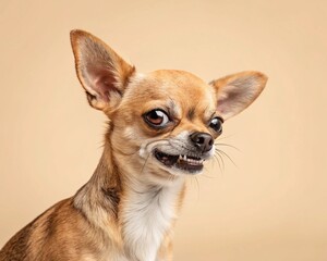 Funny chihuahua dog making a quirky face on beige background