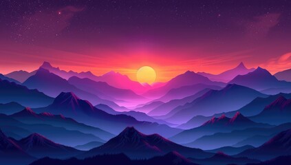 Illustration of a beautiful sunset over mountains, with simple shapes. A simple flat illustration with a purple and orange gradient in the style of a cartoon. 