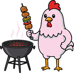 Cartoon chicken grilling kebab skewer on charcoal barbecue outdoor cooking illustration 