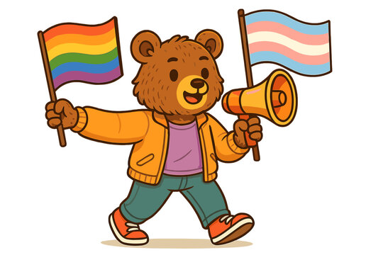 Bear mascot celebrating pride while holding rainbow and transgender flags with a megaphone in a vibrant city street