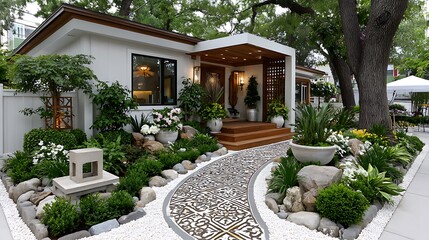 Elegant house entrance with stone landscaping and flowers high resolution photo