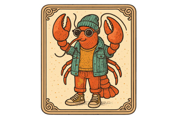 Creative cartoon lobster character dressed in stylish outfit with sunglasses, hat, and denim jacket