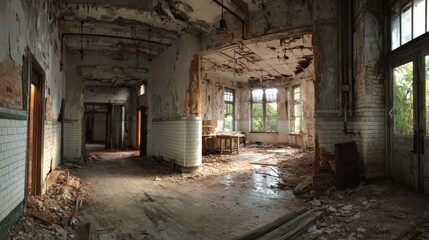 Abandoned building interior with peeling paint and debris in sunlight