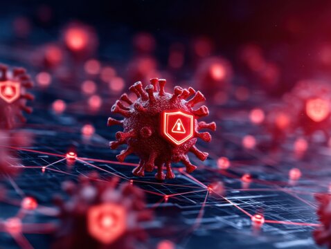 A digital illustration of a red virus particle with warning shields, symbolizing cybersecurity threats or virus infection in a connected network environment.