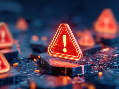A close-up of digital circuit boards featuring glowing red warning triangles with exclamation marks, symbolizing alerts or cybersecurity threats.