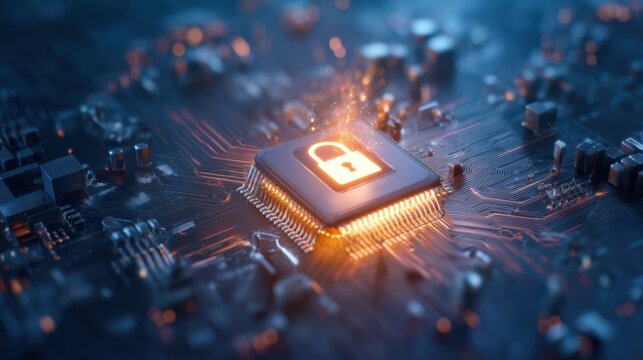 A glowing lock icon on a microchip represents secure technology and cybersecurity in a digital electronic circuit environment. - Powered by Adobe