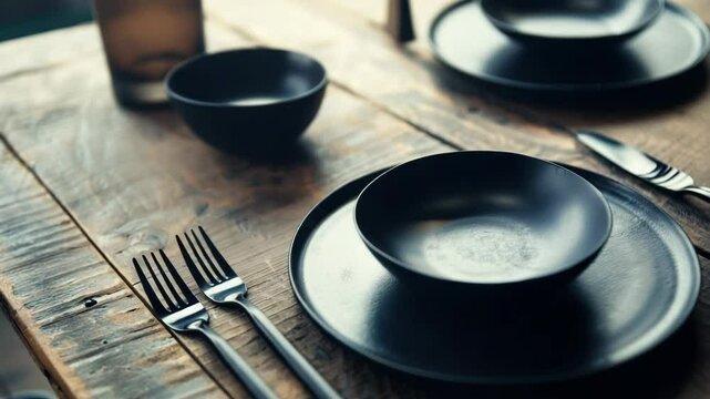 Rustic wooden table setting with dark grayware