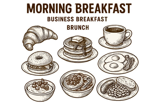 Delicious spread of breakfast items featuring croissants, pancakes, eggs, and coffee for a business brunch event