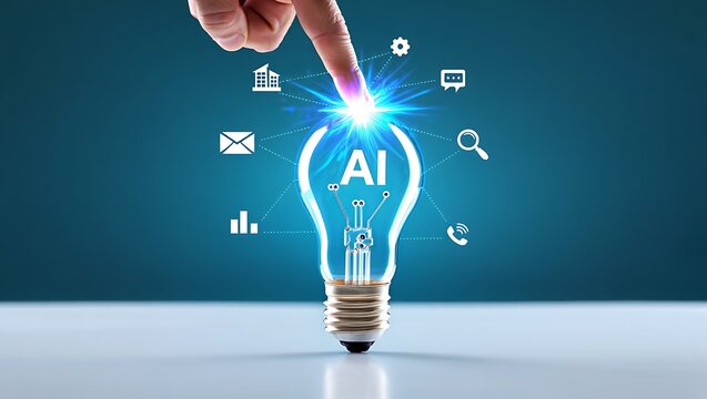 AI-powered lightbulb concept with finger touching glowing symbol, Artificial intelligence and innovation in modern business shown with lightbulb and symbols